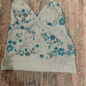 Beaded Spaghetti-Strap Floral Cami Top - Light Blue
